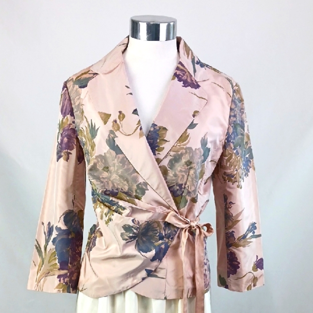Pink Floral Silk Tie Waist Jacket.